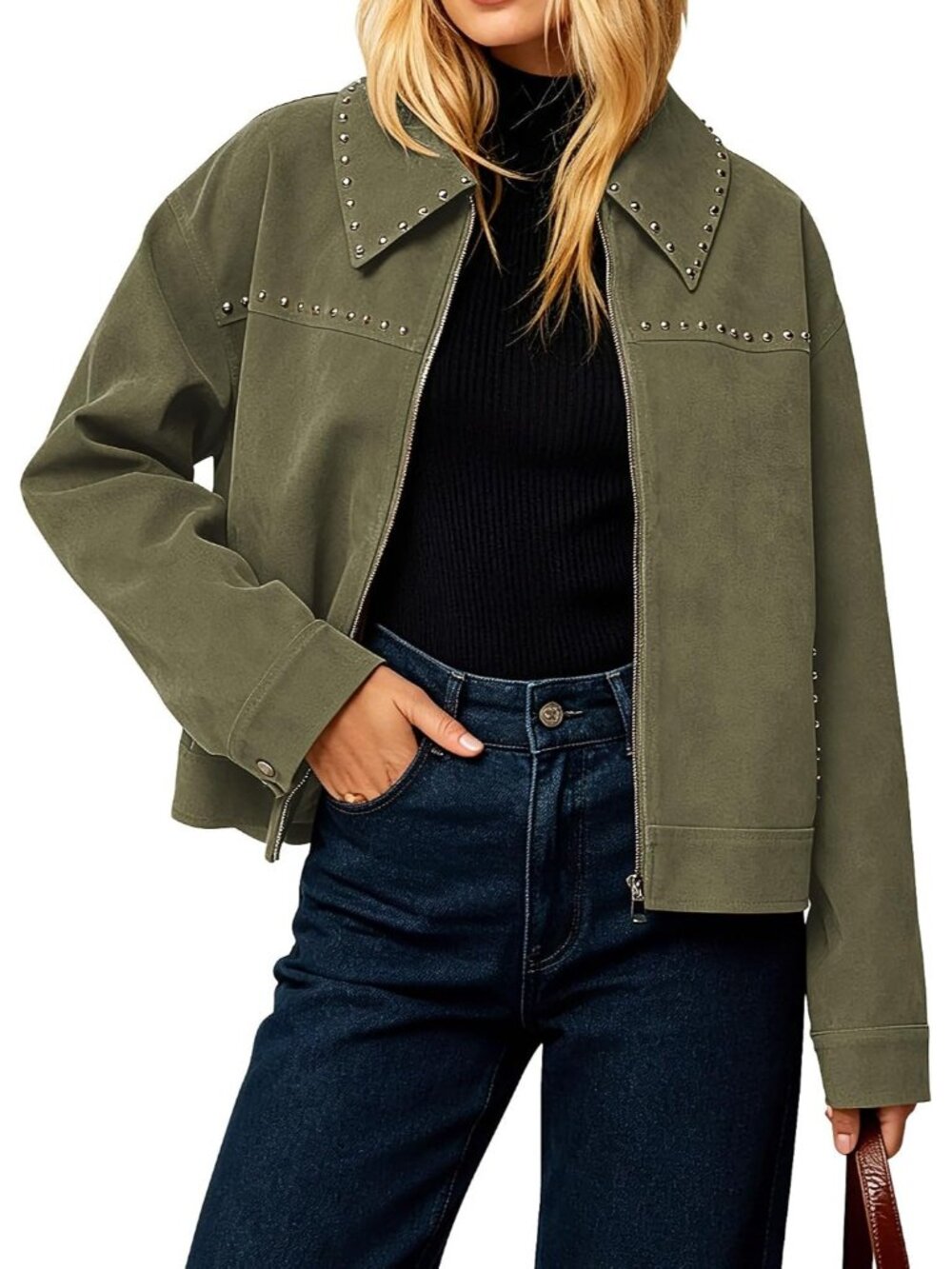 Women's Green Faux Suede Studded ZIP Up Lapel Collar Coat Cropped Jacket